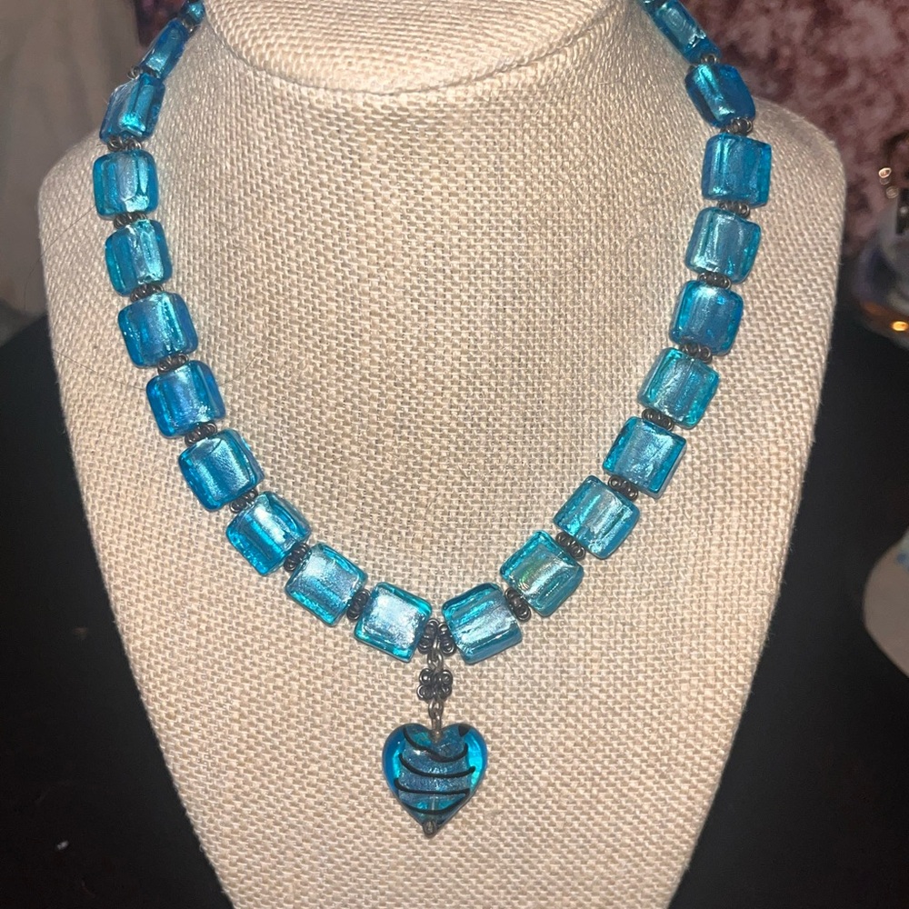 Artisan 925 silver blue heavy glass-beaded necklace